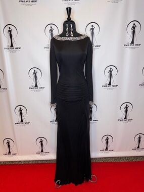 Stephen Yearick Black Long-Sleeve Evening Gown with Crystal Trim